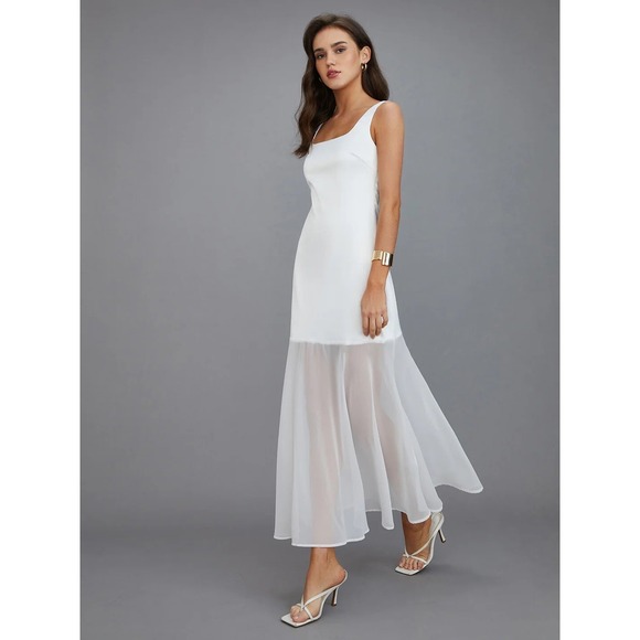 Commense White Maxi Dress Sheer Overlay Sleeveless Party Cocktail Dress‎ Size M - Picture 2 of 13